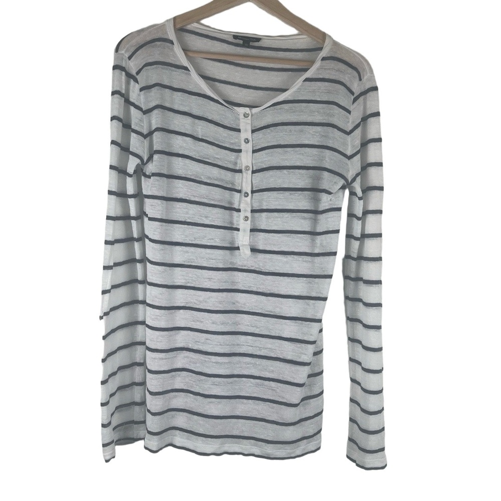 Massimo Dutti Womens Henley Size Large Navy White Striped Button Nautical